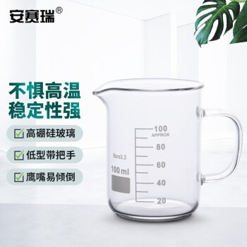 安赛瑞 玻璃带把烧杯（2只装）把手烧杯带柄量杯实验室玻璃仪器刻度杯测量杯