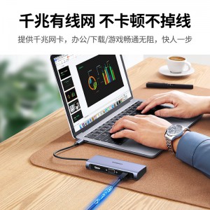 绿联（UGREEN） Type-C扩展坞USB-C转HDMI/VGA拓展坞千兆网卡网线口转接头3.0分线器 转换器七合一60557