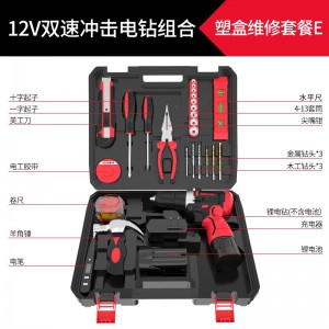 德力西工具箱套装大全家用五金电木工专用维修家庭手电钻多功能套 塑盒维修套装E+12v双速冲击电钻组合